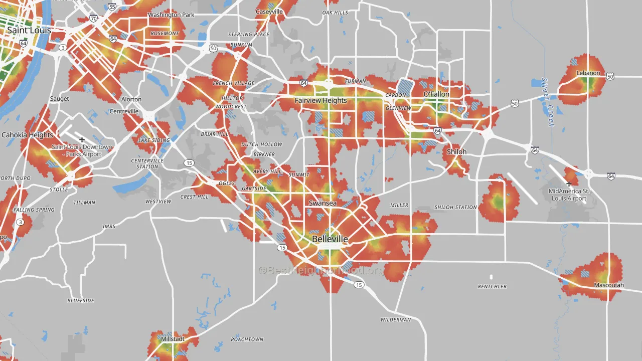 Walk Grade map of St. Clair County, IL, walkable areas in green and car-dependent areas in red