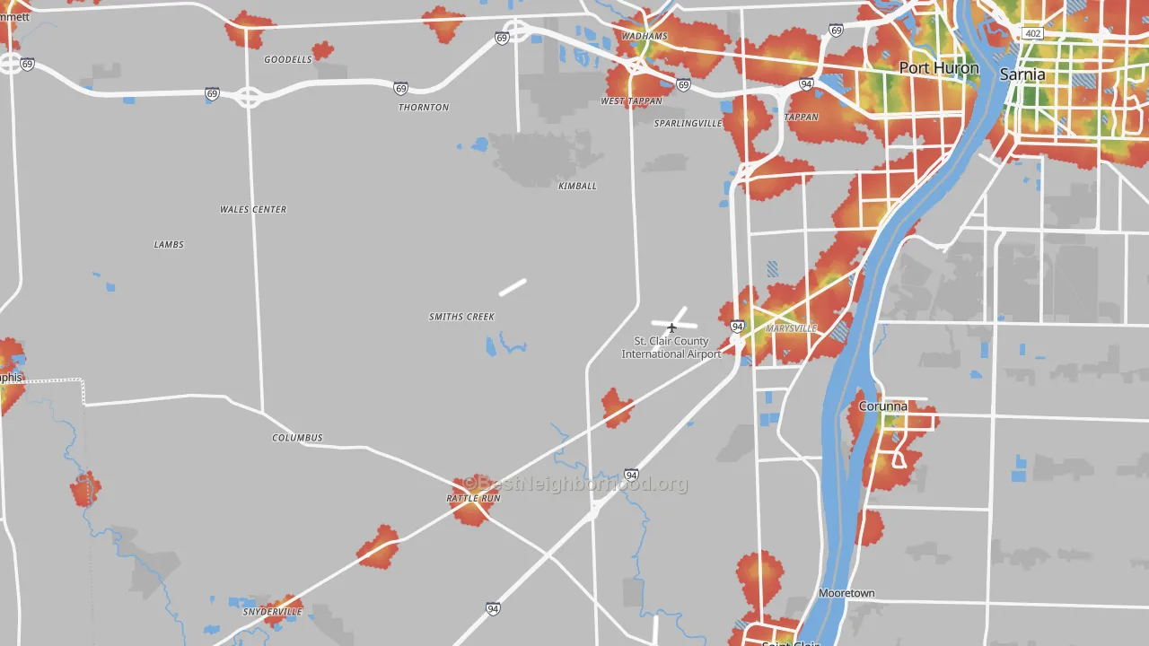 Walk Grade map of St. Clair County, MI, walkable areas in green and car-dependent areas in red