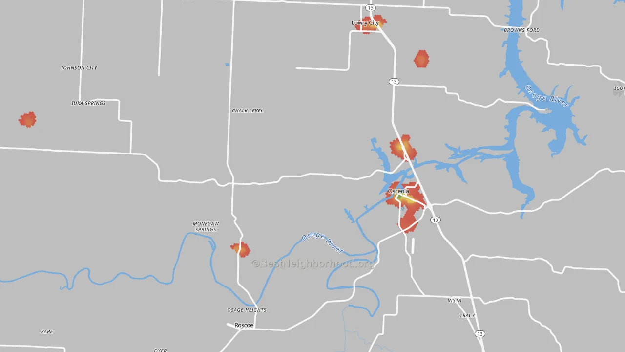 Walk Grade map of St. Clair County, MO, walkable areas in green and car-dependent areas in red