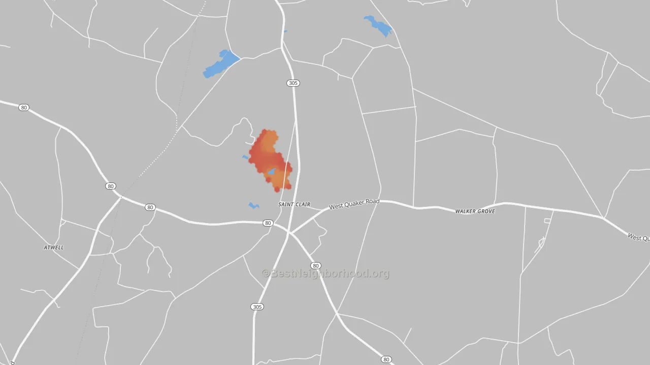 Walk Grade map of St. Clair, GA, walkable areas in green and car-dependent areas in red