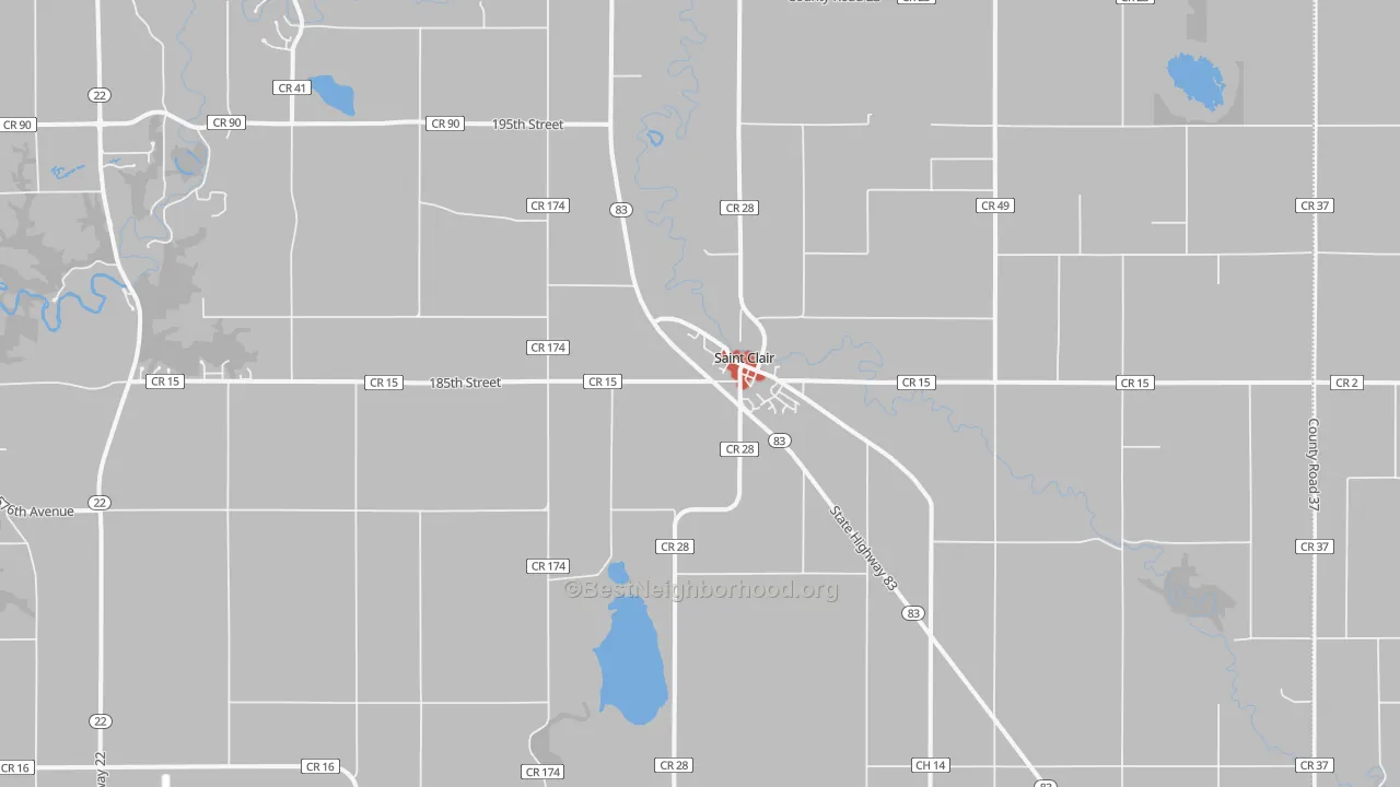 Walk Grade map of St. Clair, MN, walkable areas in green and car-dependent areas in red