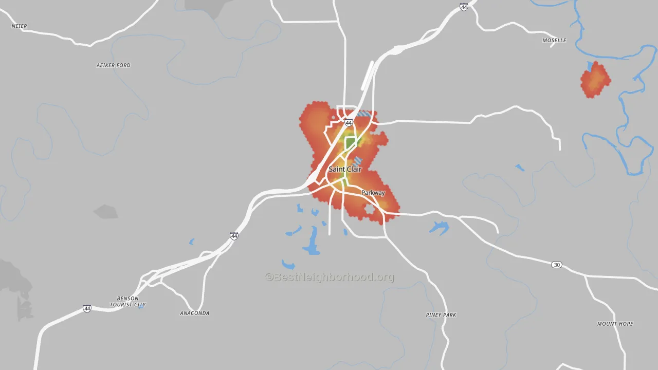 Walk Grade map of St. Clair, MO, walkable areas in green and car-dependent areas in red