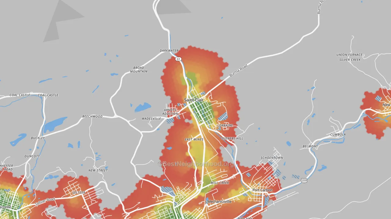 Walk Grade map of St. Clair, PA, walkable areas in green and car-dependent areas in red