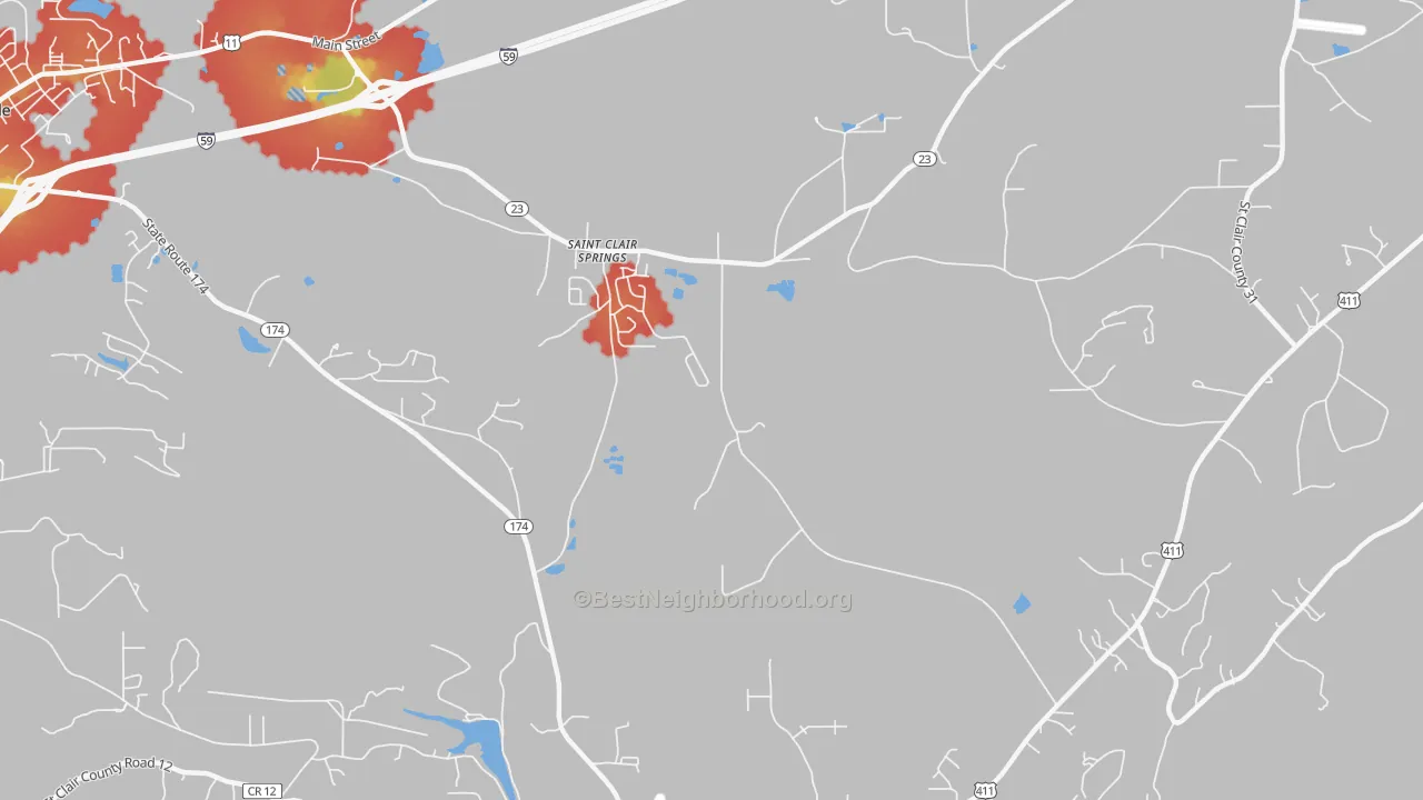 Walk Grade map of St. Clair Springs, AL, walkable areas in green and car-dependent areas in red