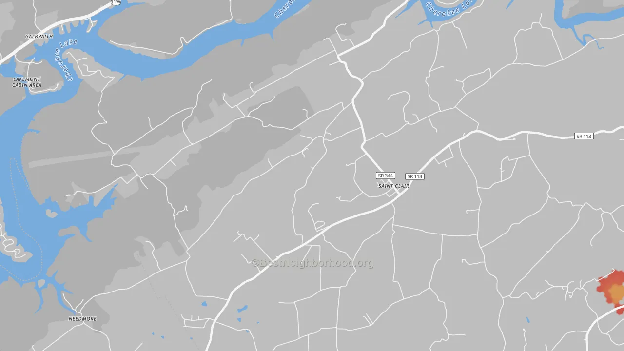 Walk Grade map of St. Clair, TN, walkable areas in green and car-dependent areas in red