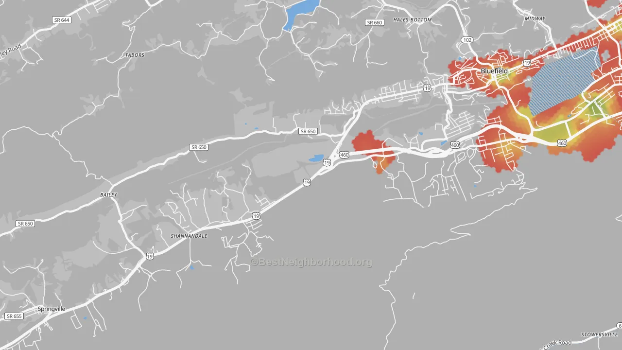 Walk Grade map of St. Clair, VA, walkable areas in green and car-dependent areas in red