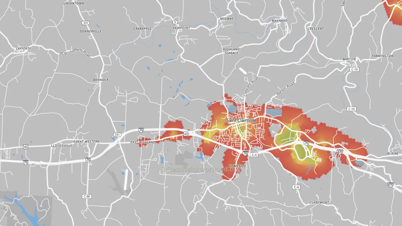 Walk Grade map of St. Clairsville, OH, walkable areas in green and car-dependent areas in red
