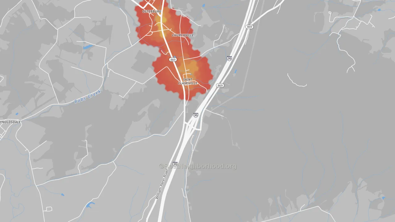 Walk Grade map of St. Clairsville, PA, walkable areas in green and car-dependent areas in red