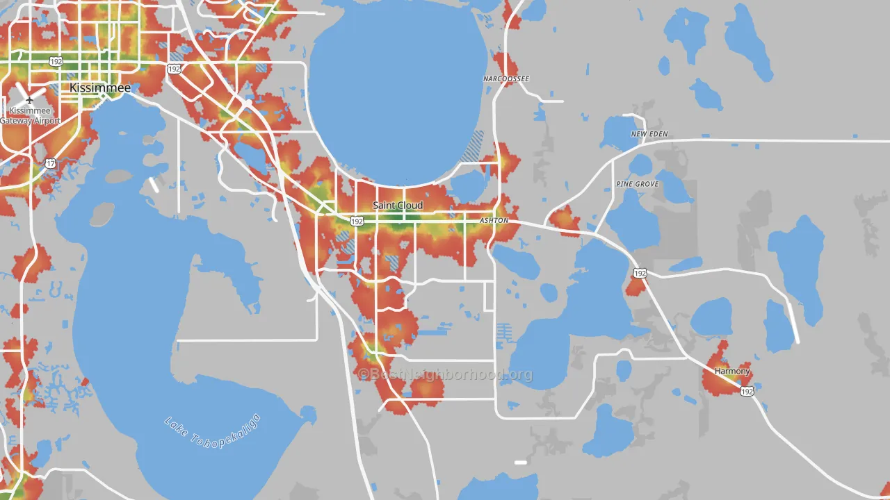 Walk Grade map of St. Cloud, FL, walkable areas in green and car-dependent areas in red