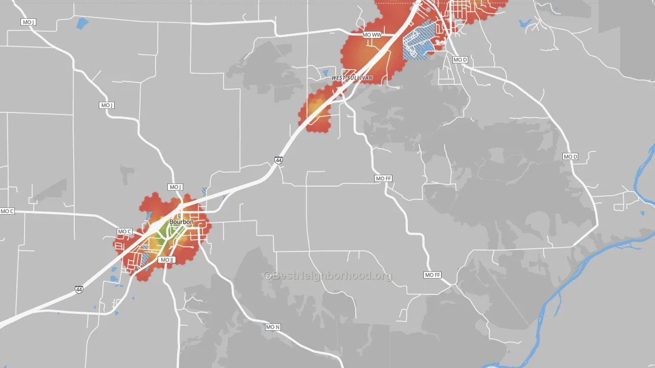 Walk Grade map of St. Cloud, MO, walkable areas in green and car-dependent areas in red