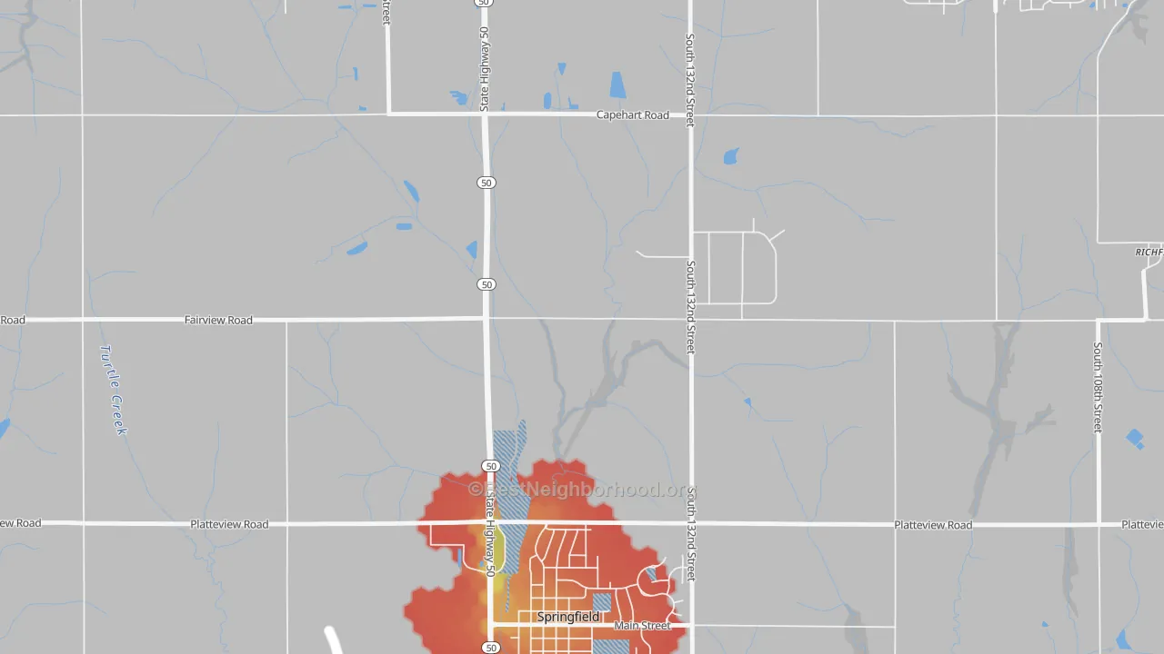Walk Grade map of St. Columbans, NE, walkable areas in green and car-dependent areas in red