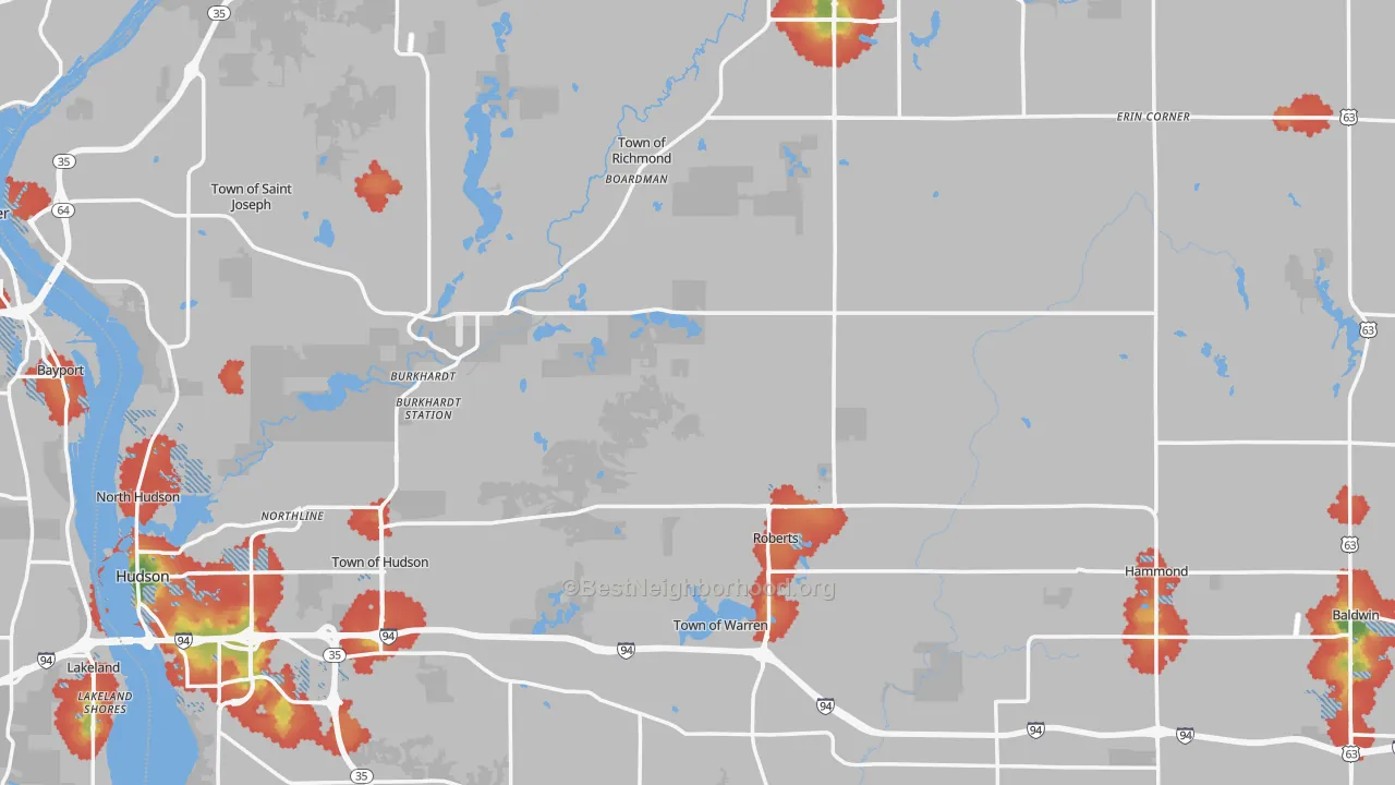 Walk Grade map of St. Croix County, WI, walkable areas in green and car-dependent areas in red