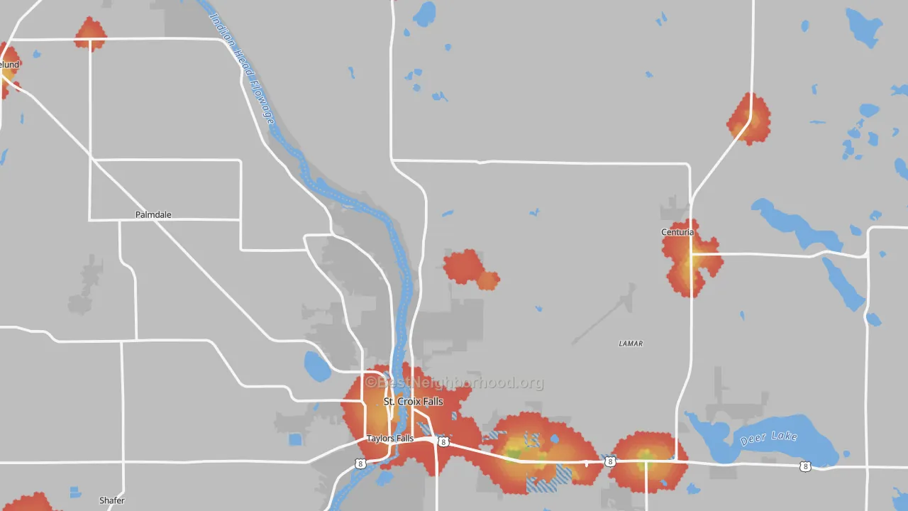 Walk Grade map of St. Croix Falls, WI, walkable areas in green and car-dependent areas in red