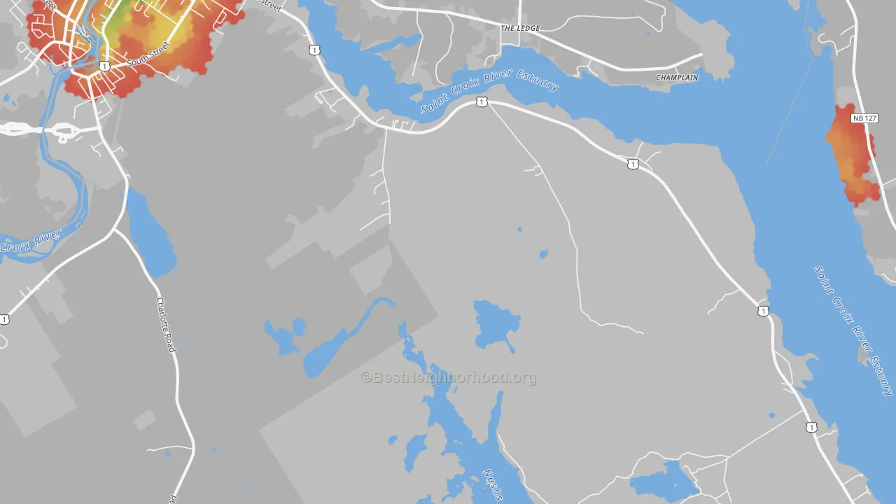 Walk Grade map of St. Croix Junction, ME, walkable areas in green and car-dependent areas in red