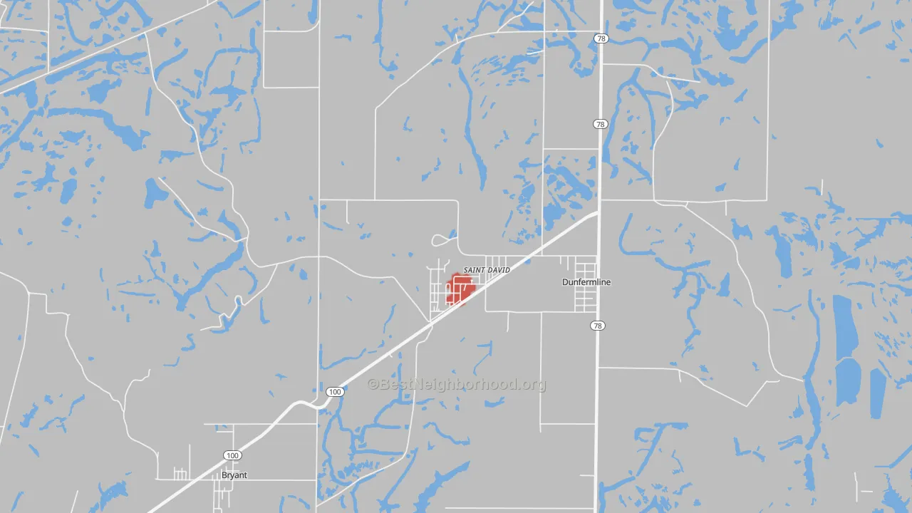Walk Grade map of St. David, IL, walkable areas in green and car-dependent areas in red