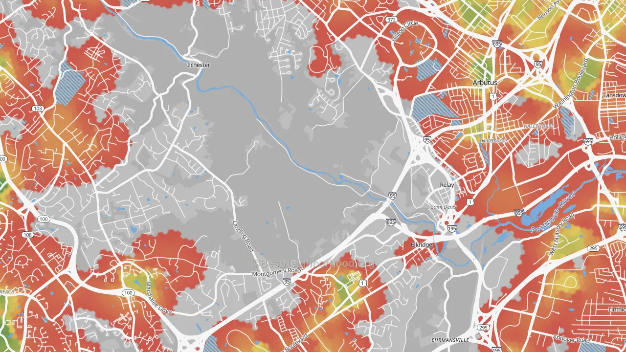 Walk Grade map of St Denis, Catonsville, MD, walkable areas in green and car-dependent areas in red