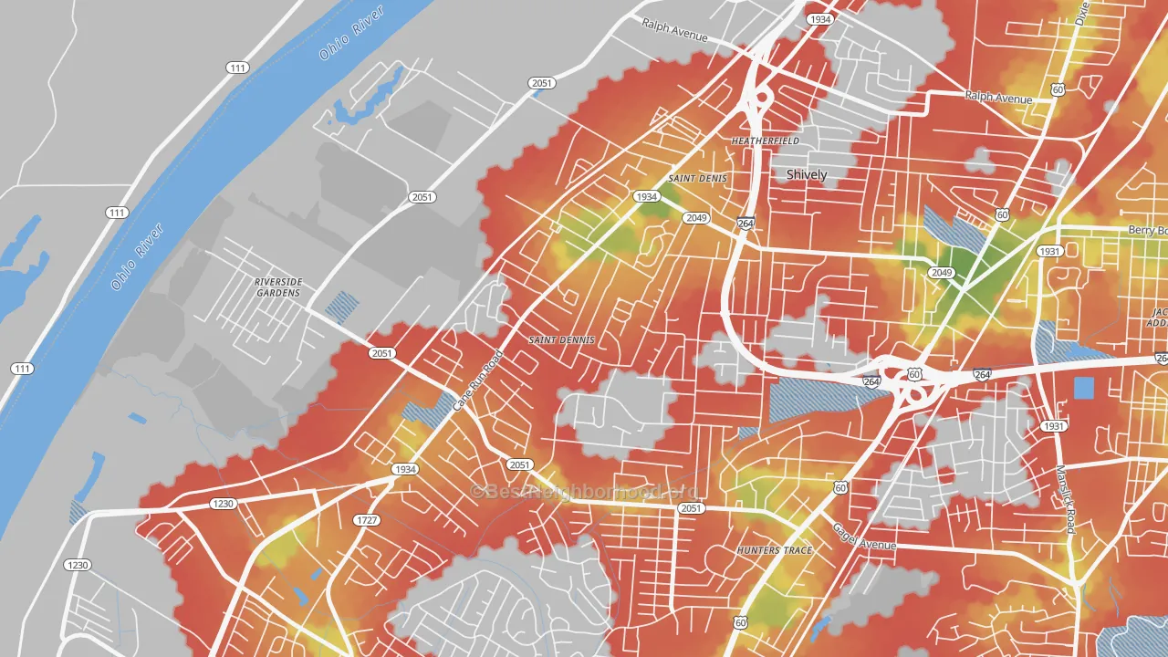 Walk Grade map of St. Dennis, Louisville, KY, walkable areas in green and car-dependent areas in red