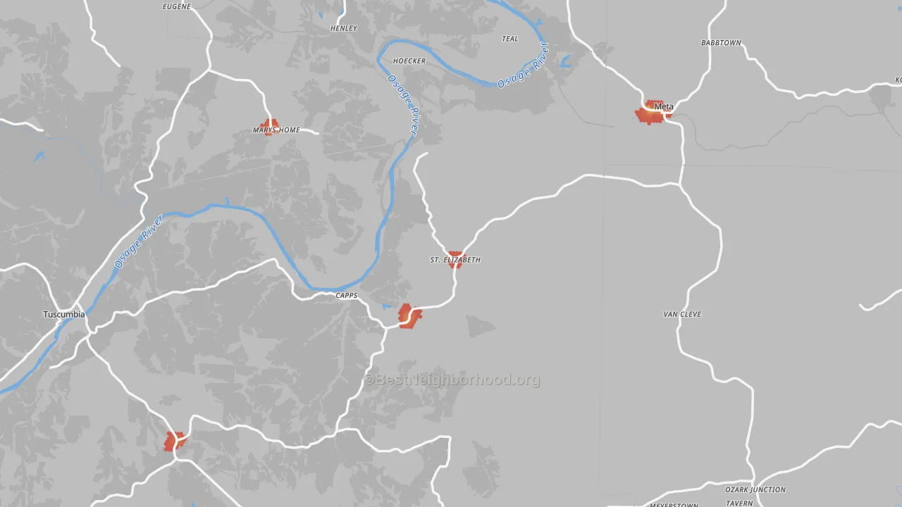 Walk Grade map of St. Elizabeth, MO, walkable areas in green and car-dependent areas in red