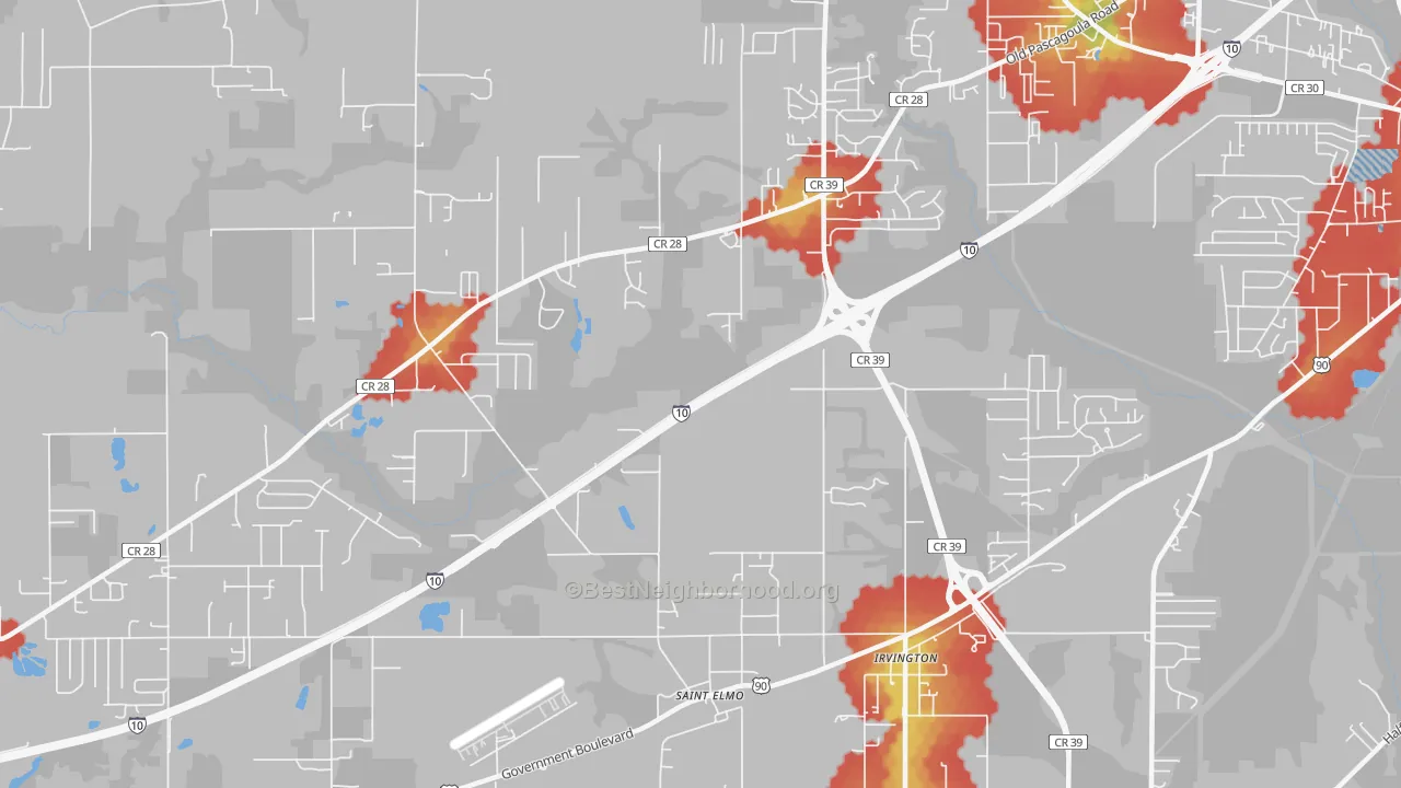 Walk Grade map of St. Elmo, AL, walkable areas in green and car-dependent areas in red