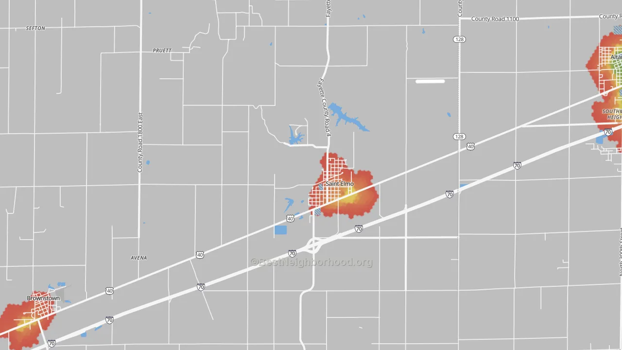 Walk Grade map of St. Elmo, IL, walkable areas in green and car-dependent areas in red