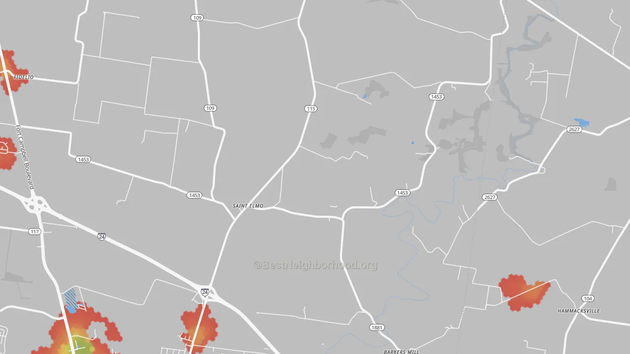 Walk Grade map of St. Elmo, KY, walkable areas in green and car-dependent areas in red