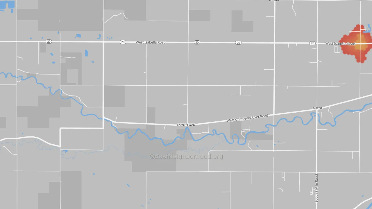 Walk Grade map of St. Elmo, MI, walkable areas in green and car-dependent areas in red