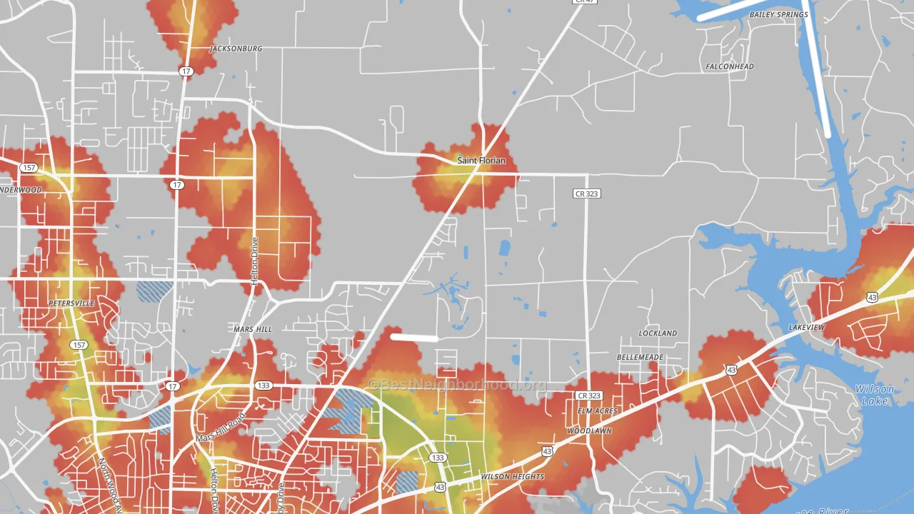 Walk Grade map of St. Florian, AL, walkable areas in green and car-dependent areas in red