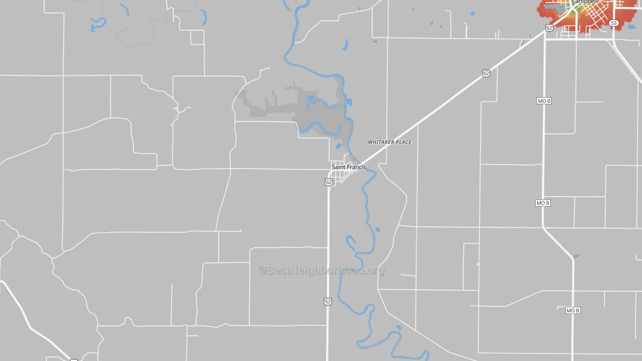 Walk Grade map of St. Francis, AR, walkable areas in green and car-dependent areas in red