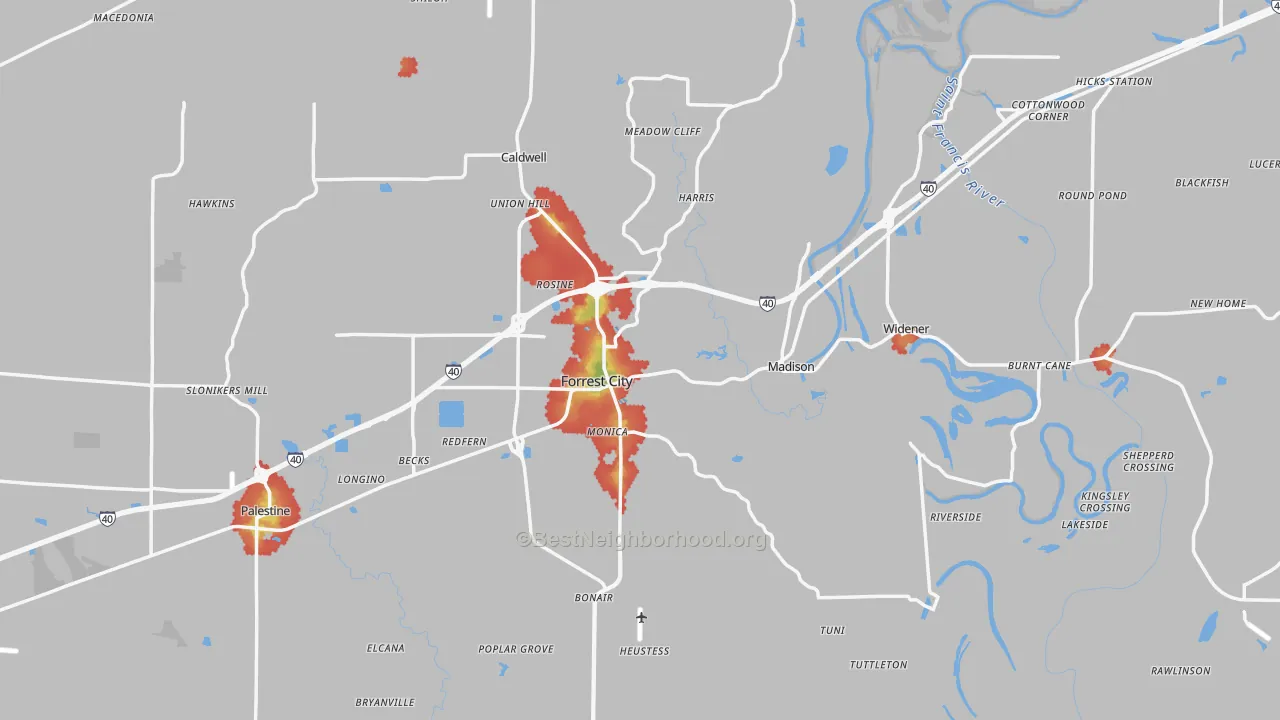 Walk Grade map of St. Francis County, AR, walkable areas in green and car-dependent areas in red