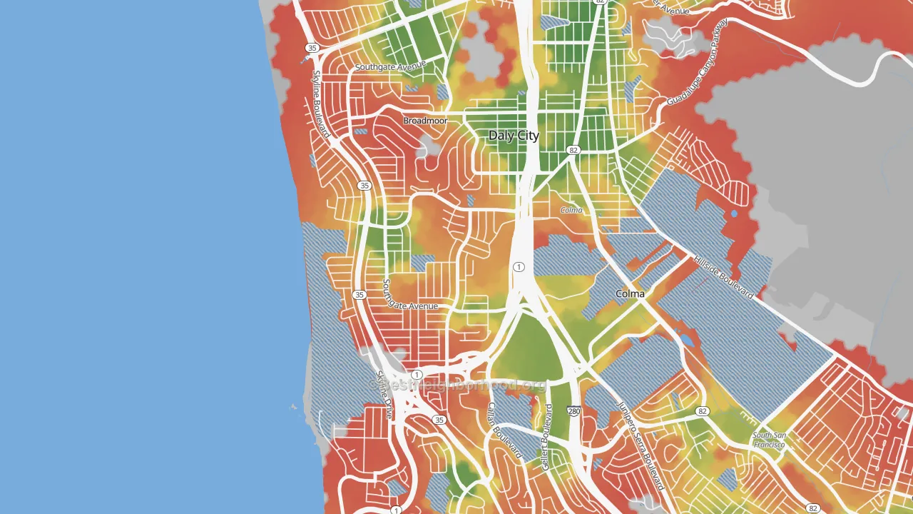 Walk Grade map of St. Francis, Daly City, CA, walkable areas in green and car-dependent areas in red