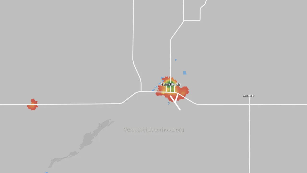 Walk Grade map of St. Francis, KS, walkable areas in green and car-dependent areas in red