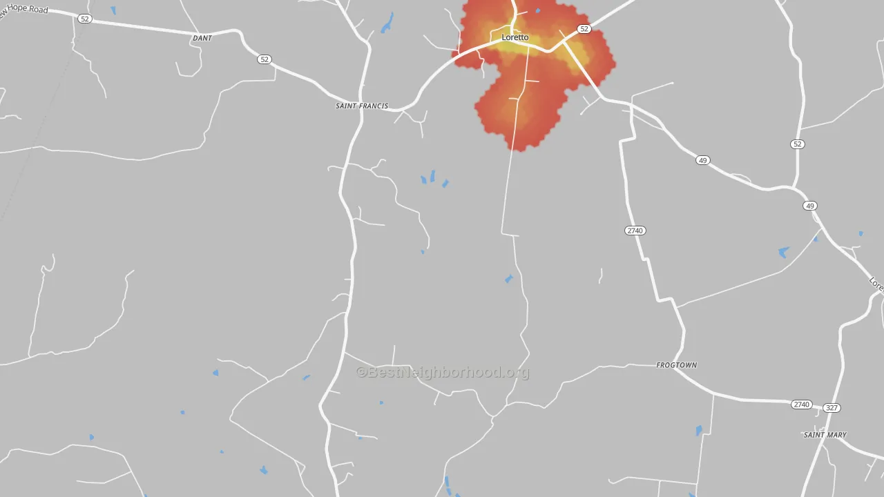 Walk Grade map of St. Francis, KY, walkable areas in green and car-dependent areas in red