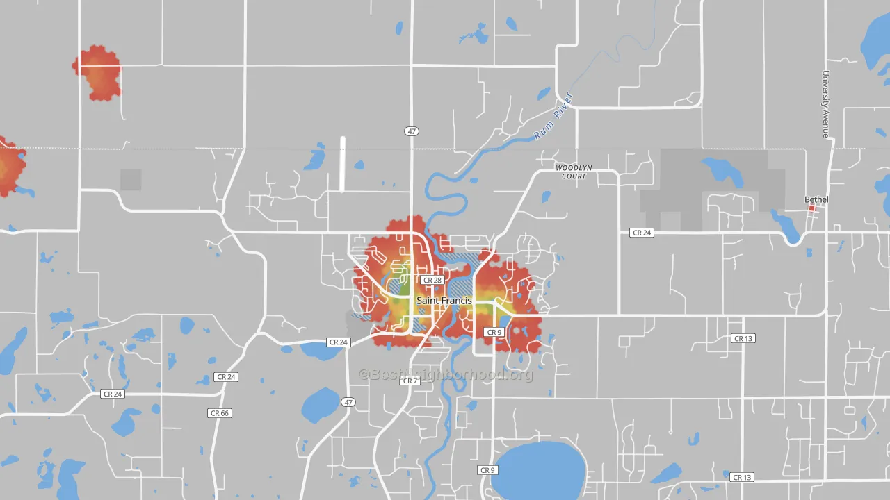Walk Grade map of St. Francis, MN, walkable areas in green and car-dependent areas in red