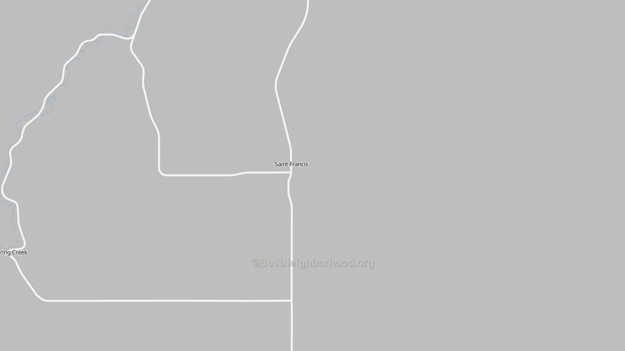 Walk Grade map of St. Francis, SD, walkable areas in green and car-dependent areas in red