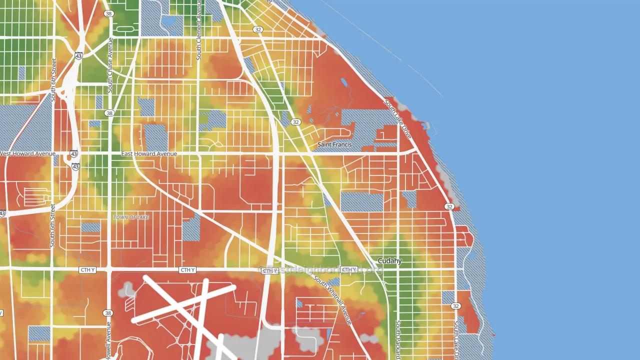 Walk Grade map of St. Francis, WI, walkable areas in green and car-dependent areas in red