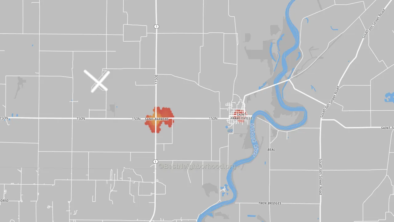 Walk Grade map of St. Francisville, IL, walkable areas in green and car-dependent areas in red