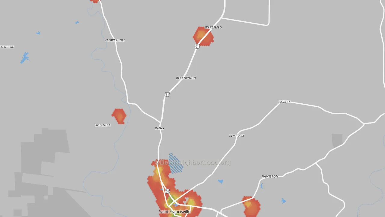 Walk Grade map of St. Francisville, LA, walkable areas in green and car-dependent areas in red