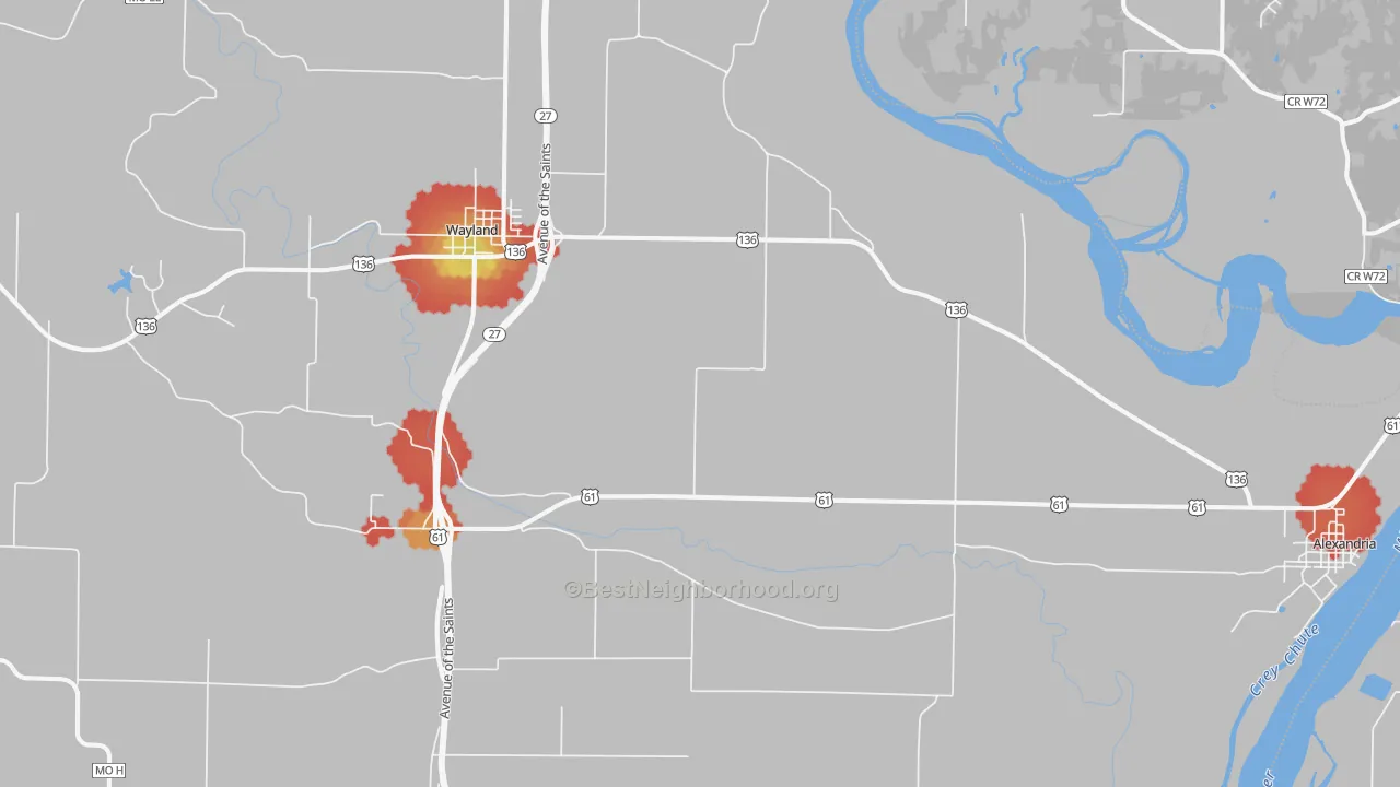 Walk Grade map of St. Francisville, MO, walkable areas in green and car-dependent areas in red
