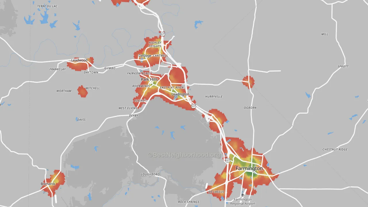 Walk Grade map of St. Francois County, MO, walkable areas in green and car-dependent areas in red