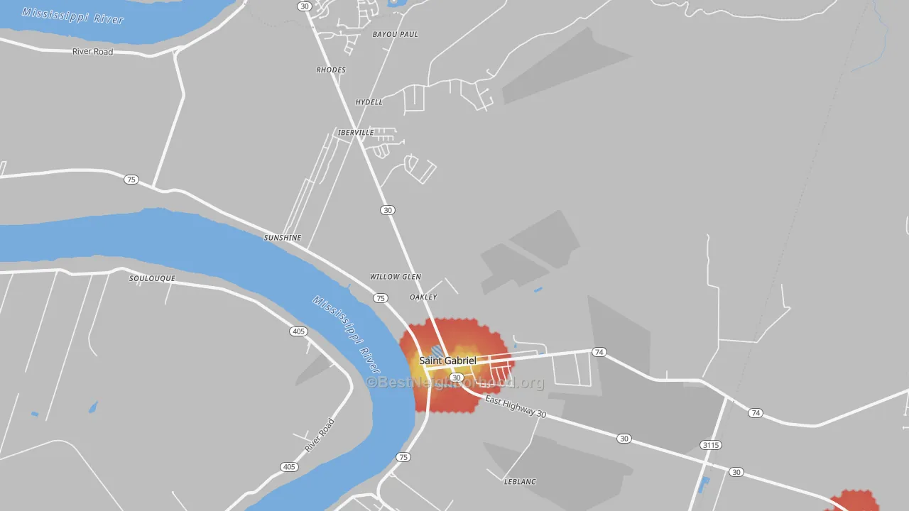 Walk Grade map of St. Gabriel, LA, walkable areas in green and car-dependent areas in red