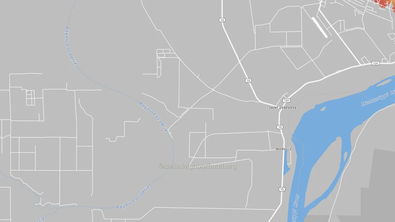 Walk Grade map of St. Genevieve, LA, walkable areas in green and car-dependent areas in red