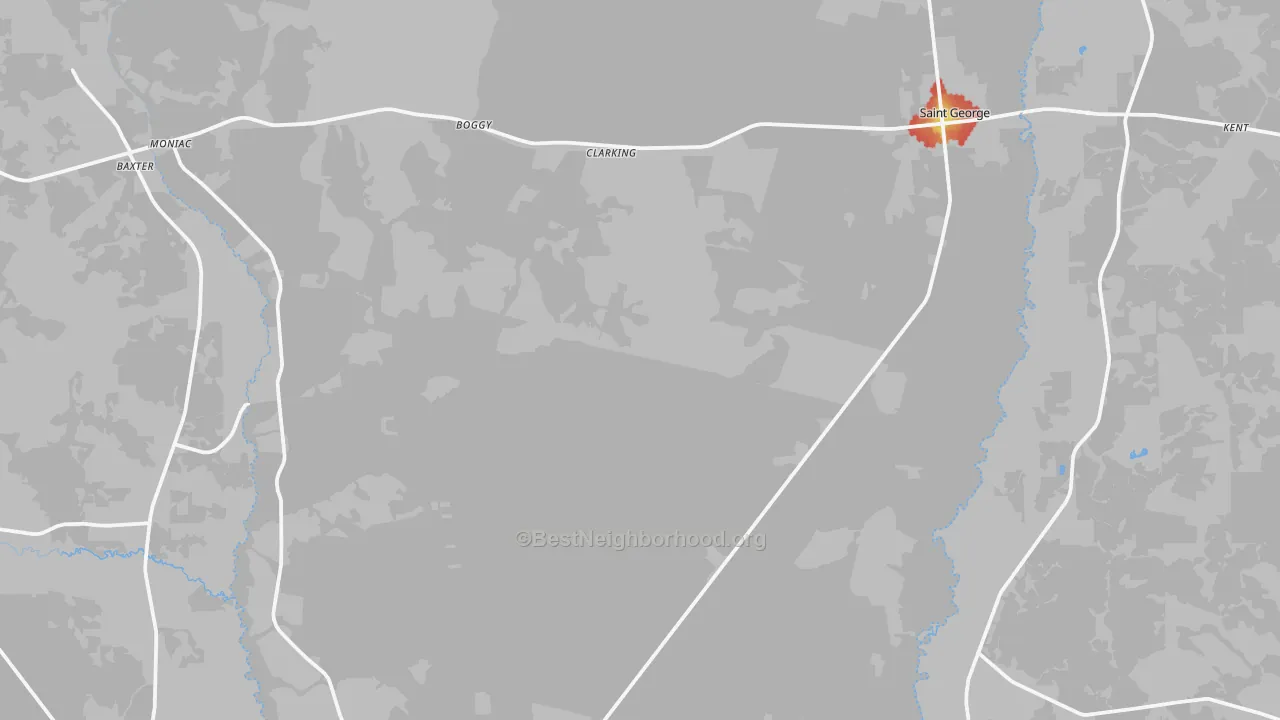Walk Grade map of St. George, GA, walkable areas in green and car-dependent areas in red