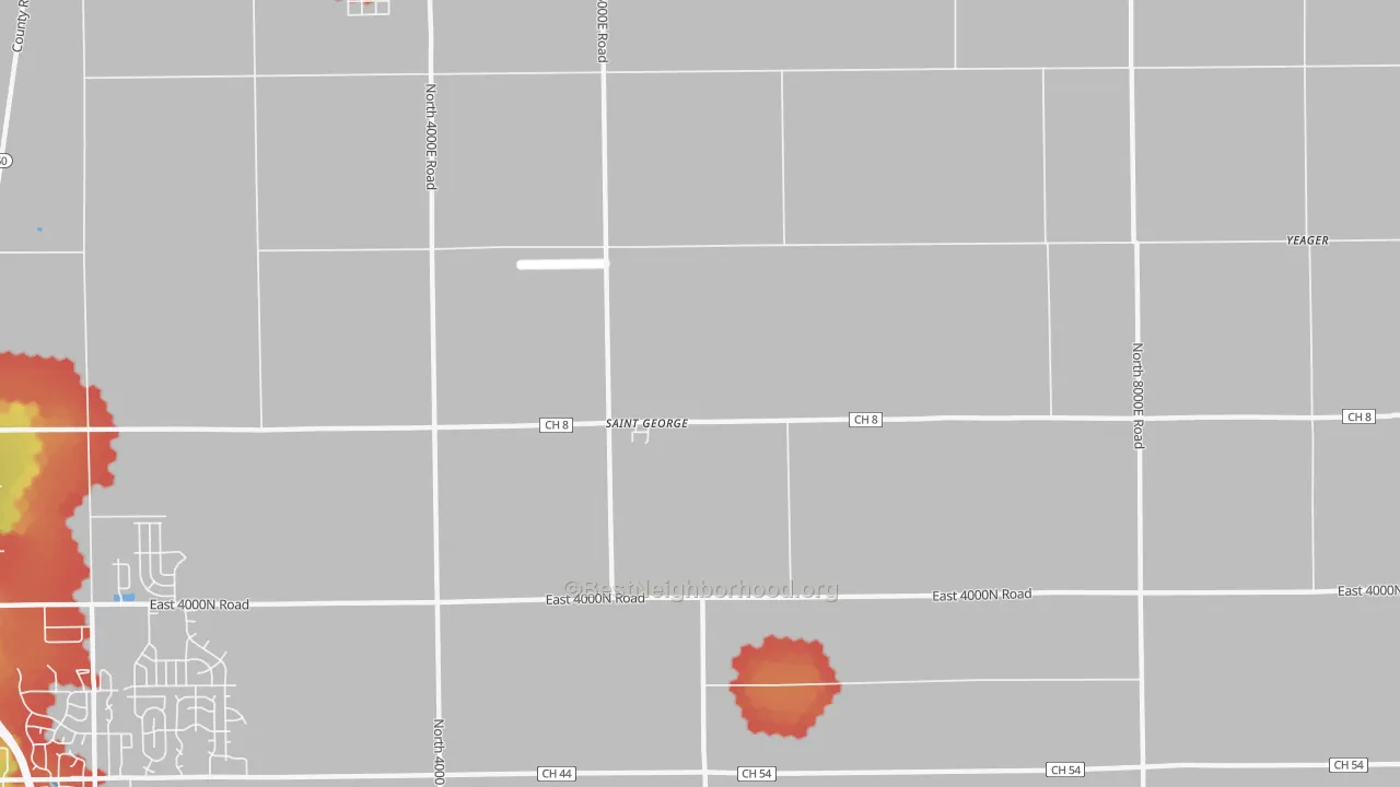 Walk Grade map of St. George, IL, walkable areas in green and car-dependent areas in red