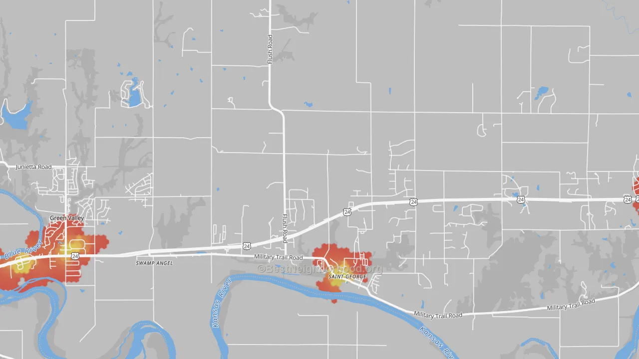Walk Grade map of St. George, KS, walkable areas in green and car-dependent areas in red