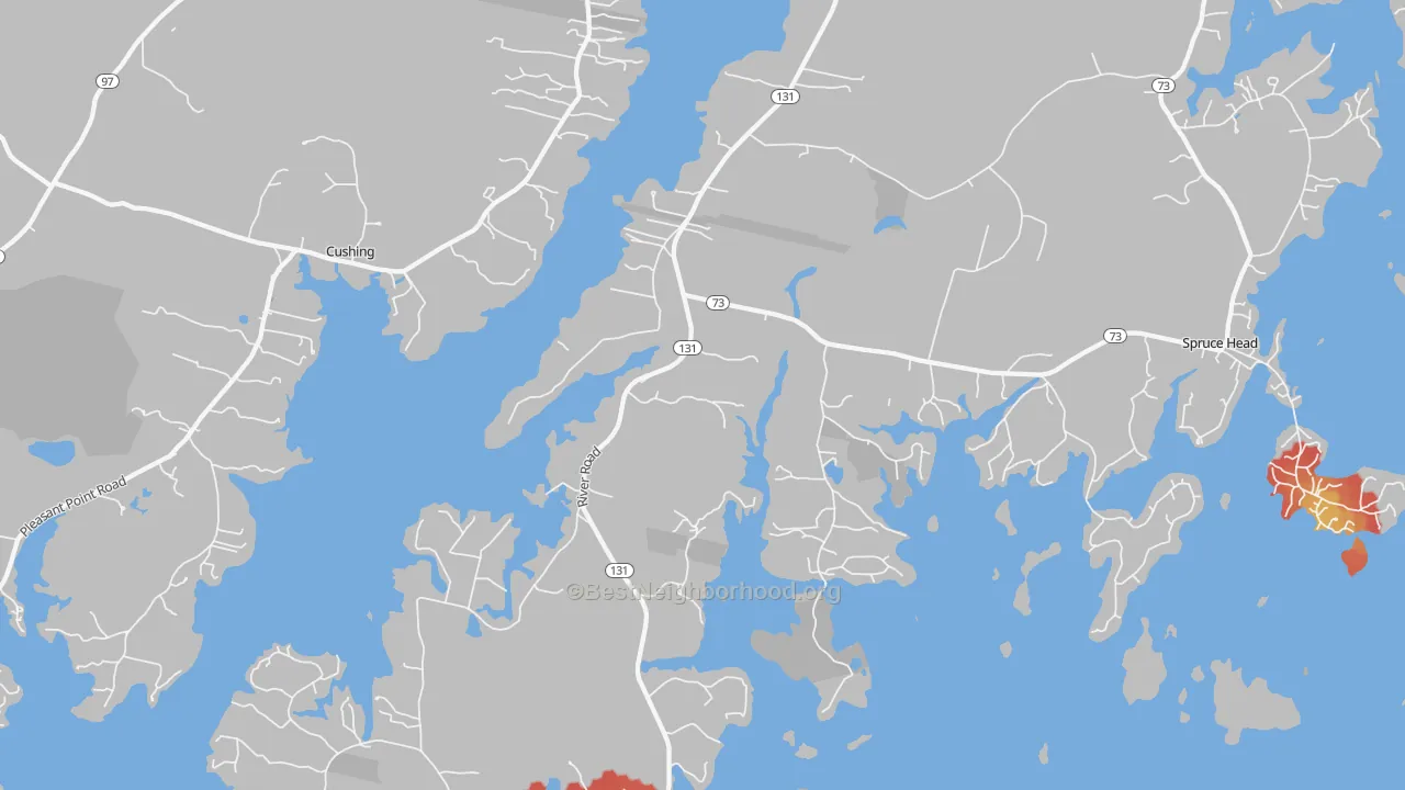 Walk Grade map of St. George, ME, walkable areas in green and car-dependent areas in red