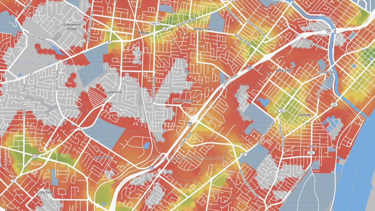 Walk Grade map of St. George, MO, walkable areas in green and car-dependent areas in red