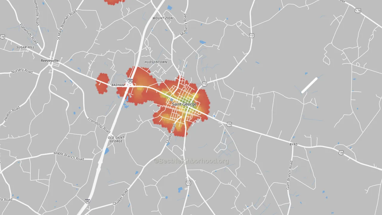 Walk Grade map of St. George, SC, walkable areas in green and car-dependent areas in red