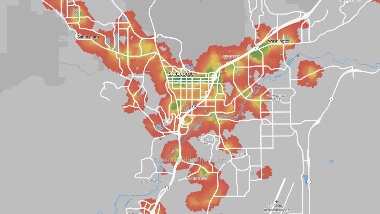 Walk Grade map of St. George, UT, walkable areas in green and car-dependent areas in red