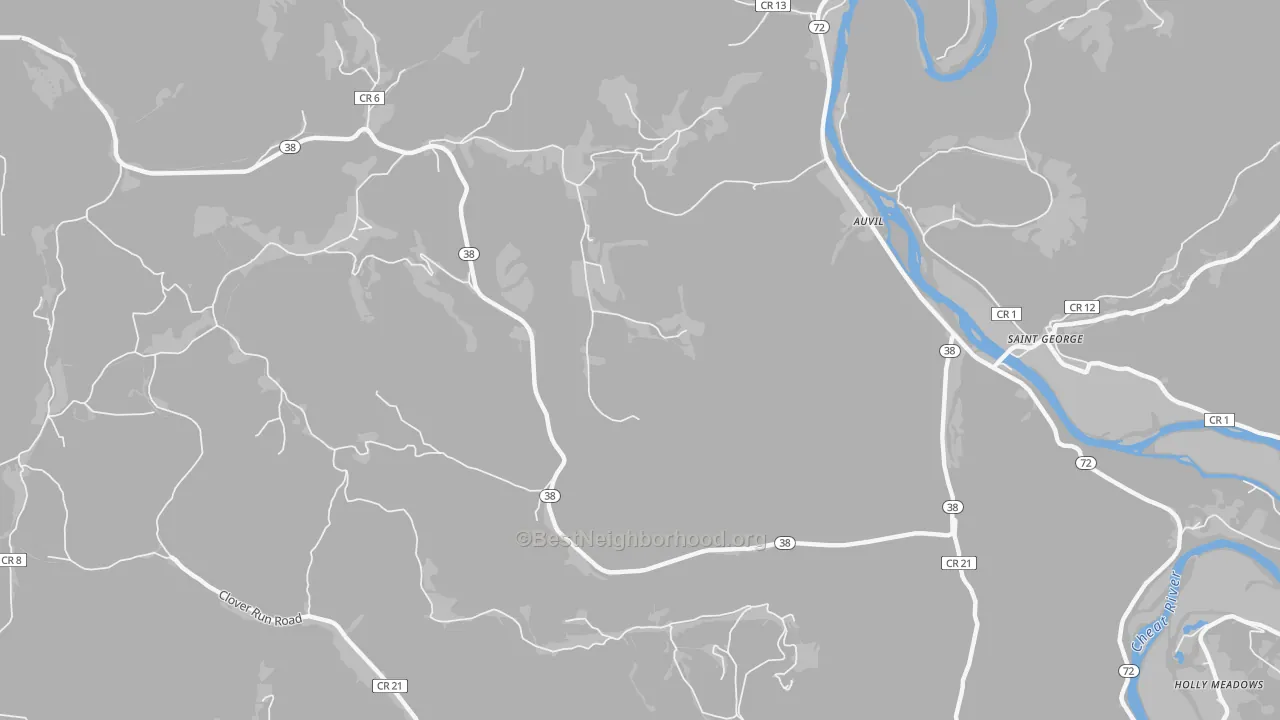 Walk Grade map of St. George, WV, walkable areas in green and car-dependent areas in red