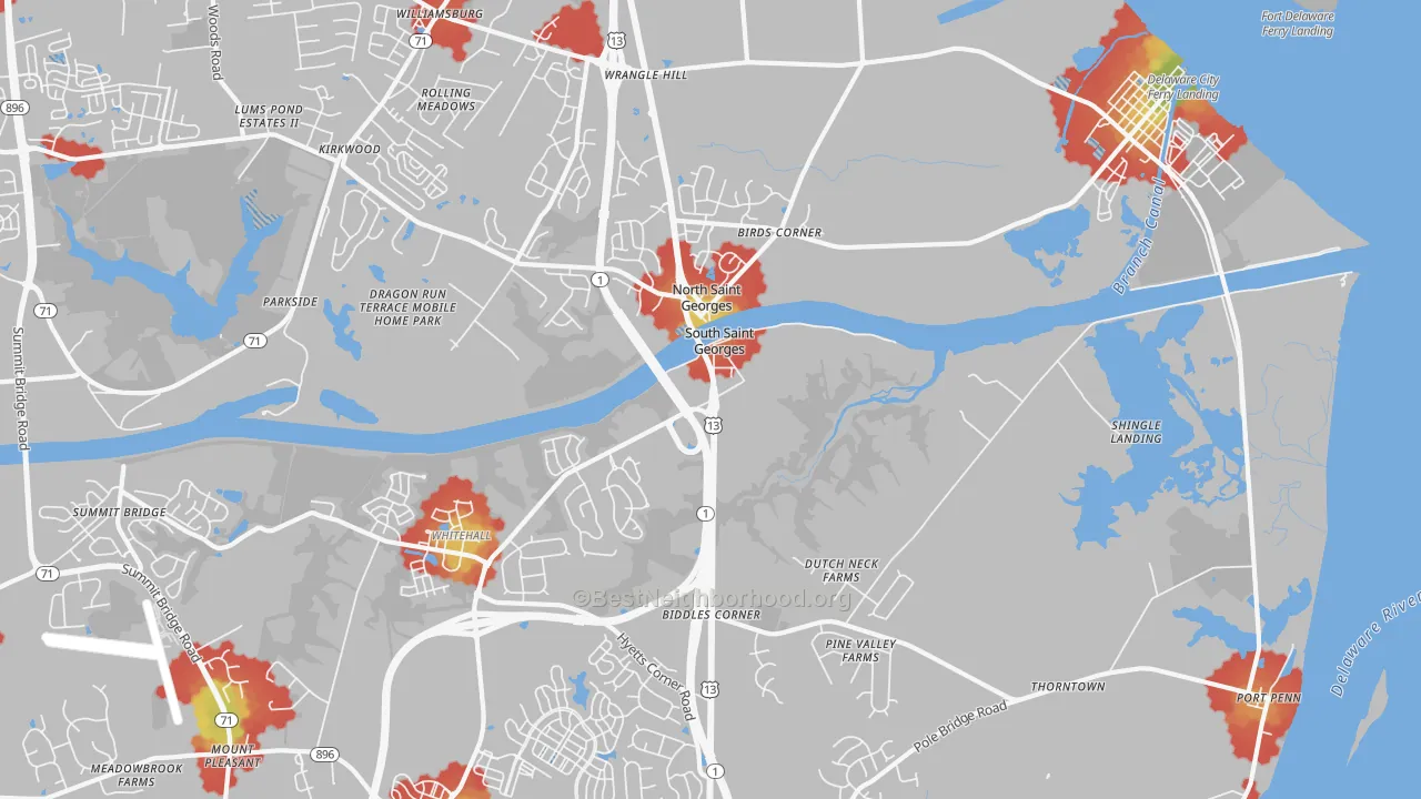 Walk Grade map of St. Georges, DE, walkable areas in green and car-dependent areas in red